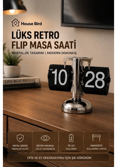 Lüks Retro Flip Masa Saati Pil  Otomatik Mekanizmalı Metal Masaüstü Saat