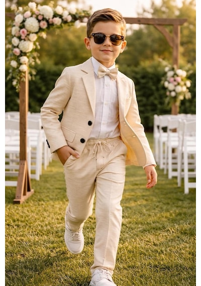 Baby Kids Colors Erkek Çocuk Flamlı Keten Salaş Ceketli Takım Elbise / Gömlek Pantolon Ceket Papyon Keten Takım Bej