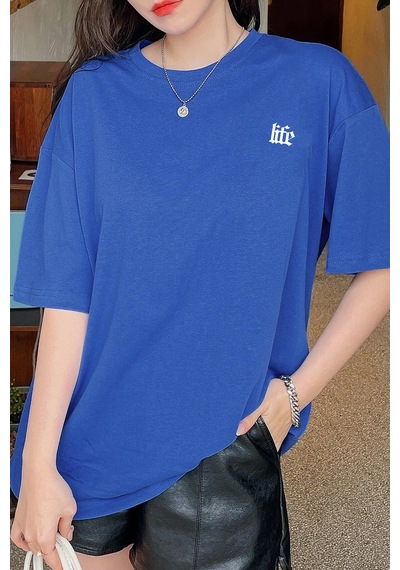 Unisex Life Baskılı T-shirt Mavi