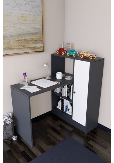 Drithe Modern Dolaplı Kitaplıklı Çalışma Masası Antrasit-beyaz Antrasit - Beyaz