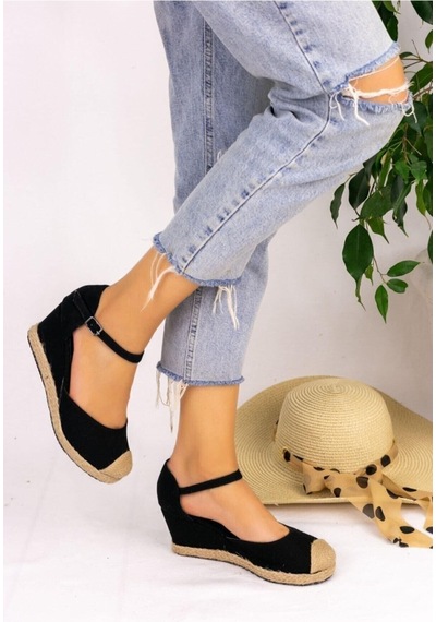 Star Tombis Gerçek Elişi Burnu Hasırlı Keten Siyah Espadril Dolgu Topuk Handmade Siyah