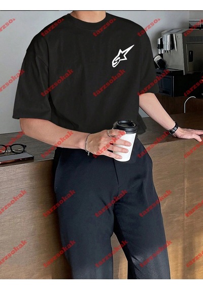 Startmore Y2k Starz Baskılı Oversize Unisex Kısa Kollu Bisiklet Yaka T-shirt Siyah
