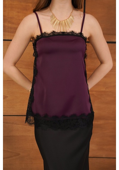 Verymoda Dantel Detaylı Askılı Saten Tunik - D2931 Mürdüm