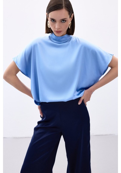 Sateen Yarasa Kol Salaş Bluz - Bebe Mavi-136539 Bebe Mavi