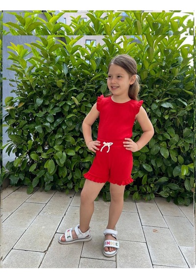 My Kids Wear Fırfırlı Kız Çocuk Şort Takım Kırmızı