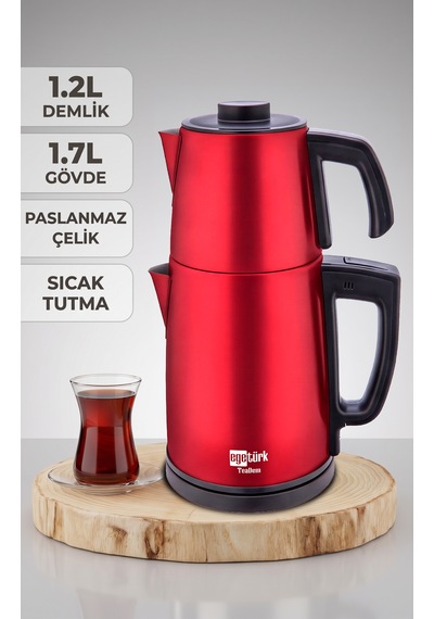 Egetürk Teadem 2000w Elektrikli Çay Makinesi, Çaycı 1.7l Su Isıtıcısı .2l Demlik Paslanmaz Çelik Kırmızı