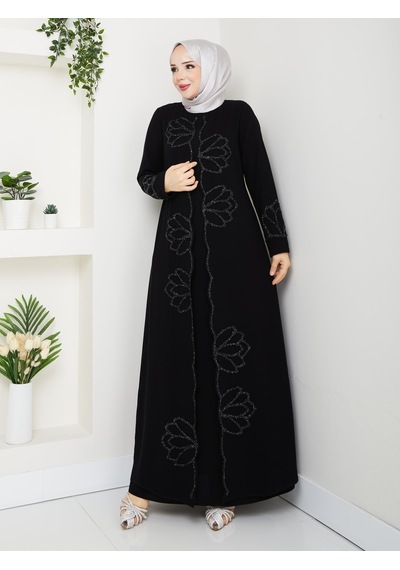Eslemnur Lotus Çiçek Taşlı Büyük Beden Anne Elbisesi Siyah