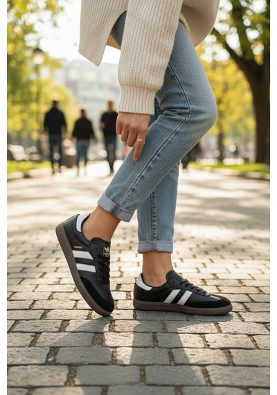 Enoch Unisex Samba Tarz Süet Detaylı Günlük Sneaker Spor Ayakkabı Siyah Beyaz