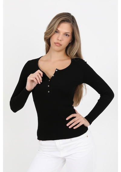 Hdm Kadın Siyah Uzun Kollu Fitilli Patlı Düğmeli Basic Örme Bluz - H6162