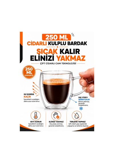 250 Ml Çift Cidarlı Kulplu Cam Bardak Isı Yalıtımlı Borosilikat Kahve Ve Çay Bardağı Şeffaf