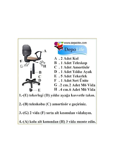 Depolife Çalışma Sandalyesi Ofis Büro Sekreter Koltuk Gemici Çapalı Kumaş