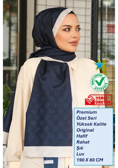 Premium Lux Original Monogram Şal İpek Vual, Yüksek Kalite, Hafif, Rahat, Şık, Tesettür, Shawl Lacivert - Krem