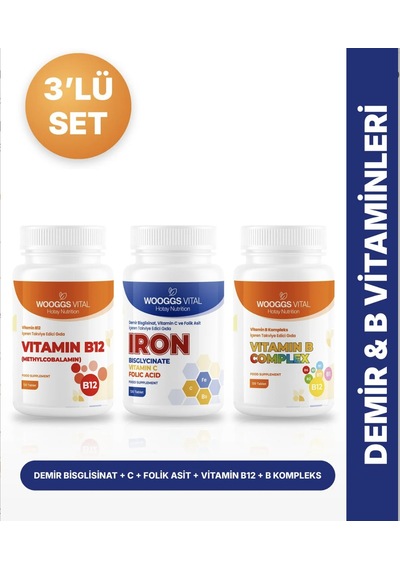 Hotay Nutrition Wooggs Vital Demir Bisglisinat C Folik Asit + Vitamin B12 1000 Mcg + Vitamin B Kompleks 120 Tablet 3'lü Set