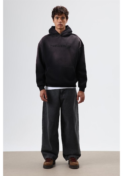Vamos Oversize Baskılı Yıkamalı Hoodie Siyah