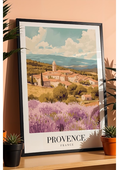 Provence France Vintage Seyahat Posteri Çerçeveli Tablo - Premium Lavanta Tarlası Elit Duvar Dekoru Siyah