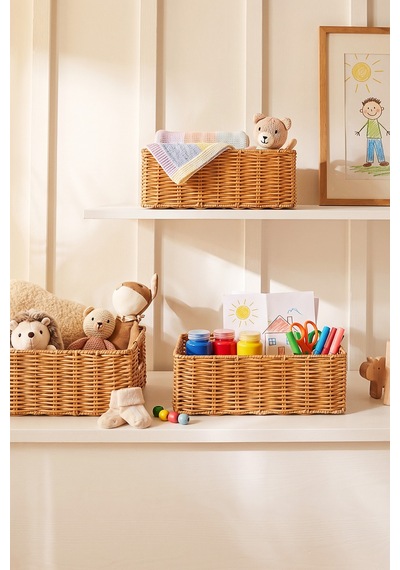 Ocean Home Textile 4'lü Çocuk Odası Yıkanabilir Bej Pp Rattan Sepet Set 30 X 20 X 11 / 33 X 23 X 11 / 36 X 26 X 12 / 39 X 29 X 13 Cm