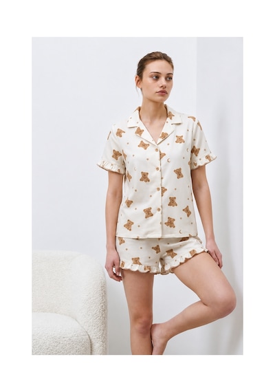 Fit Women Kadın Premium Fırfırlı Kar Beeyaz Pijama Takımı Kar Beyaz