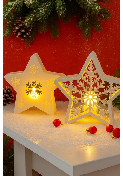Yılbaşı Temalı Yıldız Dekor Seti 15 Cm Işıklı Led Mumlu Kar Tanesi - 2'li Set Noel Yıldızı Set - 799524671