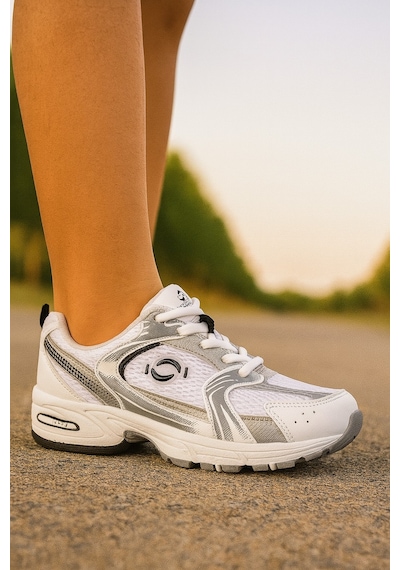 Mini Günlük Unisex Beyaz Siyah Sneaker Kaymaz Yüksek Taban Desenli Triko Bağcıklı Koşu Spor Ayakkabı Beyaz - Gümüş