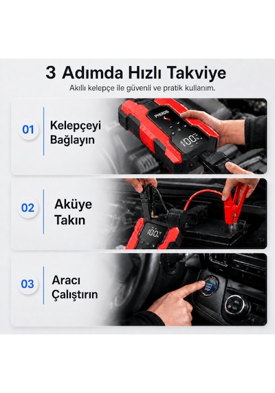 Solvis 4'ü 1 Arada 12v Akıllı Akü Takviye Cihazı, Lastik Şişirme Pompası, Powerbank Ve Led Aydınlatma Çanta Hediyeli