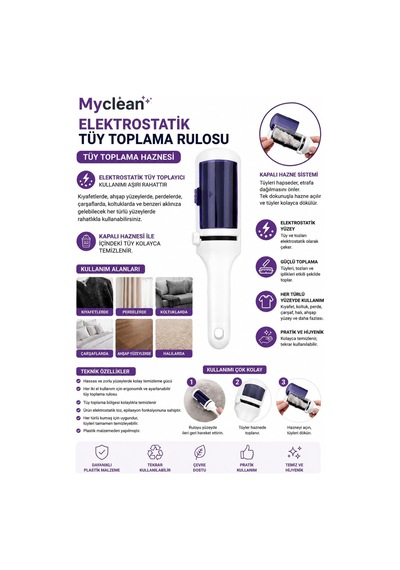 Lexroo Myclean Elektrostatik Tüy Toplama Rulosu Hazneli Yeniden Kullanılabilir Tüy Toplayıcı
