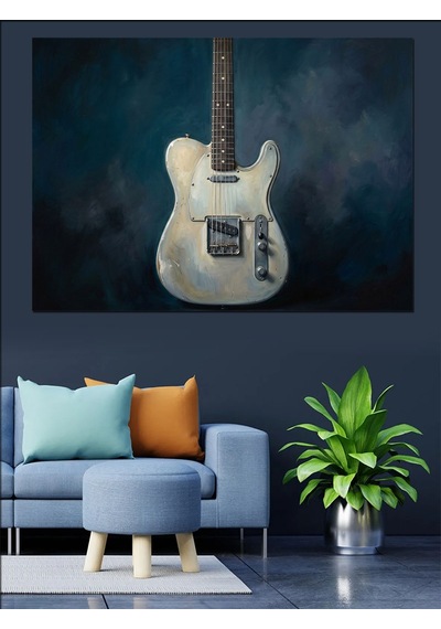Mavi Fondaki Klasik Beyaz Gitar Dekoratif Kanvas - Mdf Ahşap Tablo