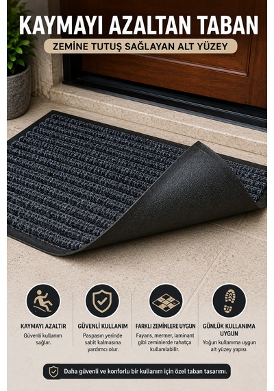 Gri Dış Mekan 40 X 60 Cm Kapı Önü Paspas Kaydırmaz Taban Nem Alıcı Kir Tutucu Ev Giriş Paspası