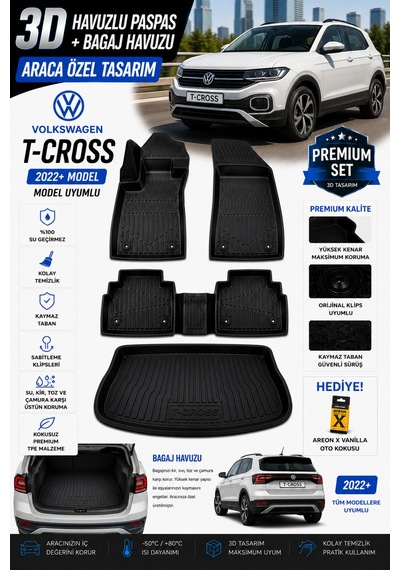 Volkswagen T-cross 2022 Model Uyumlu 3d Araca Özel Havuzlu Paspas+bagaj Havuzu Birebir Uyum