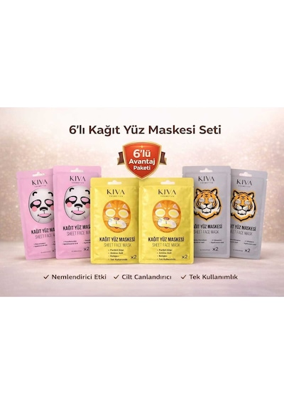 6 Lı Kağıt Yüz Maskesi Seti Panda Kaplan Kedi Sheet Face Mask Cilt Bakım Maskesi