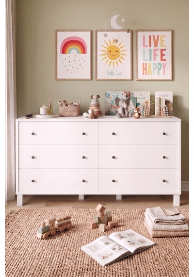 Yurudesign Noren Geniş Şifonyer 6 Çekmeceli Ahşap Ayaklı Bebek Ve Çocuk Odası Beyaz Nr2-w