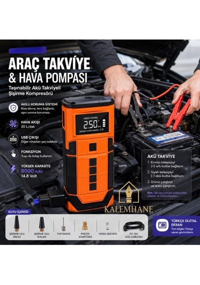 Kalemhane Taşınabilir Dijital Akım Kotumalı Hava Kompresörü Ve Powerbank 8000mah