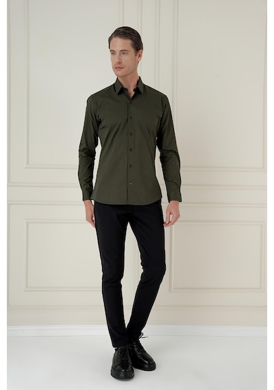 Efor Slim Fit Pamuk Uzun Kol Klasik Haki Gömlek Gk 745 Haki