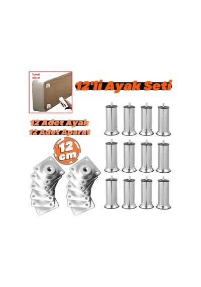 12'li Set Metal Mobilya Kanepe Koltuk Baza Yatak Çekyat Yükseltme Ayağı Ayakları M8 Civata Krom 12 Cm 6395751
