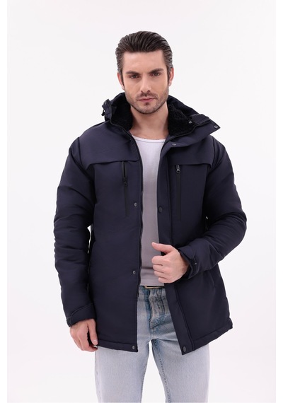 Blayn Jeans Erkek Polarlı Kürklü Su Ve Rüzgar Geçirmez Kapüşonlu Kışlık Mont & Kaban & Parka Lacivert