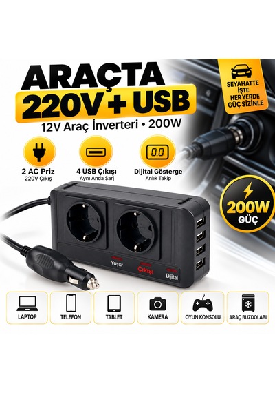 12v 220v Araç İnverteri 200w 2 Ac Priz 4 Usb Çıkışlı Oto Çakmaklık Dönüştürücü