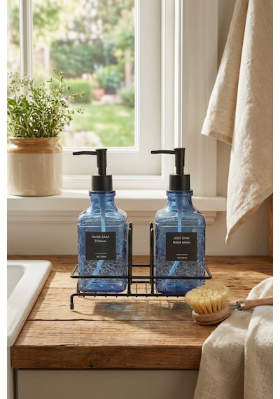 Makri Home Modern Cam Sıvı Sabunluk & Deterjanlık Seti-500 Ml Cam Sabunluk, Metal Stand'lı Siyah