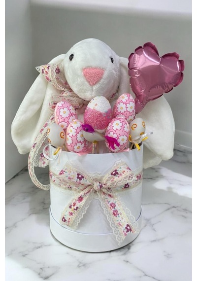 Sole Premium Paskalya Temalı 45 Cm Beyaz Bunny Tavşan Hediye Kutusu - Dekoratif Yumurta Ve Kalp Balon Detaylı Beyaz