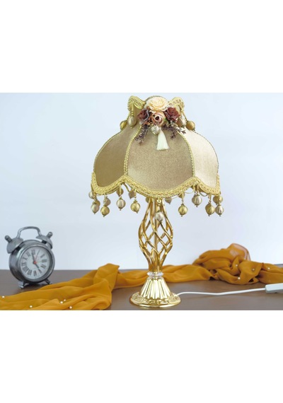 Kadife Kaplı Çiçek Dekorlu Gold Kaplama Vintage Abajur 13798424 Diğer