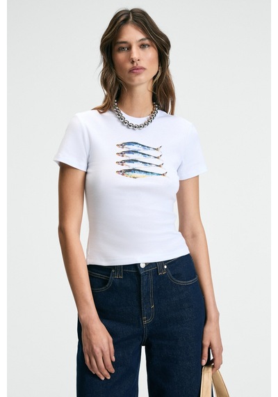 Grımelange ATHEA Kadın Bisiklet Yaka Kısa Kollu Önü Baskılı Slim Beyaz T-Shirt