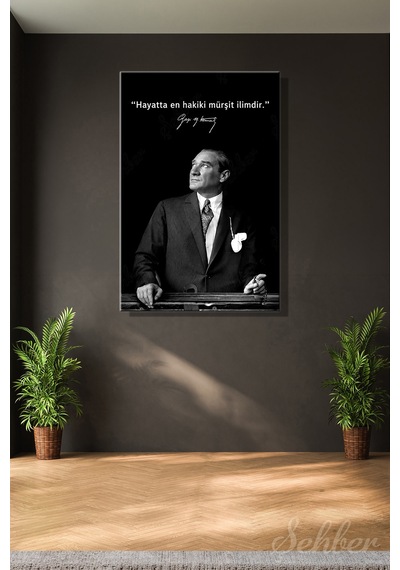Gazi Mustafa Kemal Atatürk'ün Siyah-beyaz Portresi Ve Bir Özlü Sözü Dikey Kanvas Tablo 4180 Çok Renkli