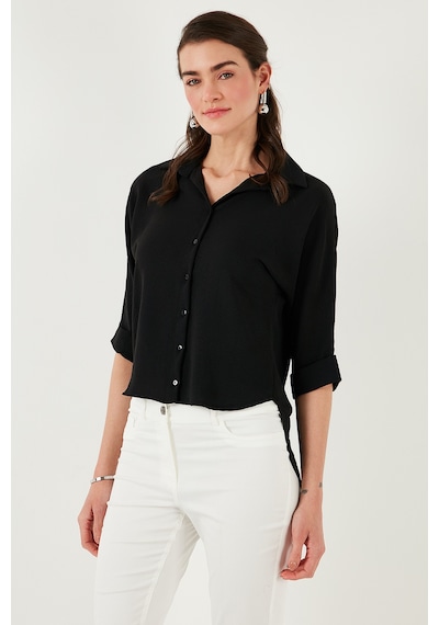 Lela Oversize Fit Önü Kısa Arkası Uzun Truvakar Kol Bayan Gömlek 5866116 Siyah