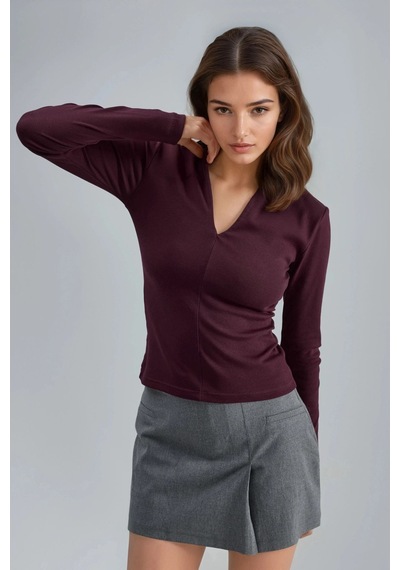 Hiccup Busem Slim Fit V Yaka Uzun Kollu Bluz Leylak Moru