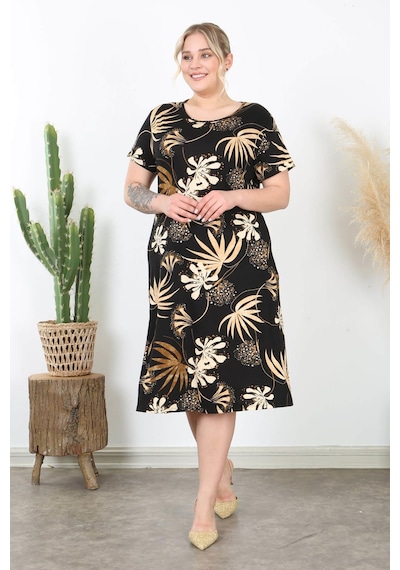 Mooi Xxl Kadın Siyah Vizon Floral Desen Midi Elbise Siyah