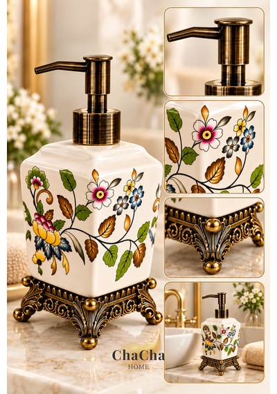 Chacha Home Aurelia Seramik Sıvı Sabunluk 470 Ml Antik Bronz Görünümlü Ayaklı Ve Pompalı 22 Cm Çok Renkli