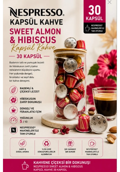 Nespresso Sweet Almond & Hibiscus Kapsül Kahve 30 Adet + Cam Saklama Kutu Hediyeli
