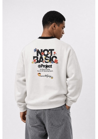Respire Erkek Not Basic Project Baskılı Oversize Sweatshirt Ekru