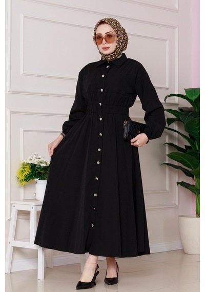 Sevitli Beli Lastik Detaylı Yasemin Elbise-siyah-4817 Siyah