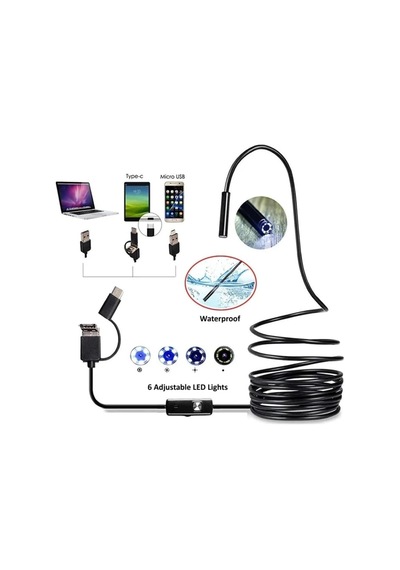 3'ü 1 Arada Endeskop Kamera Mikrofon Usb Ve Tip-c 6 Led Su Geçirmez 10 Metre Borescope Yılan Kamera Siyah 5 Metre