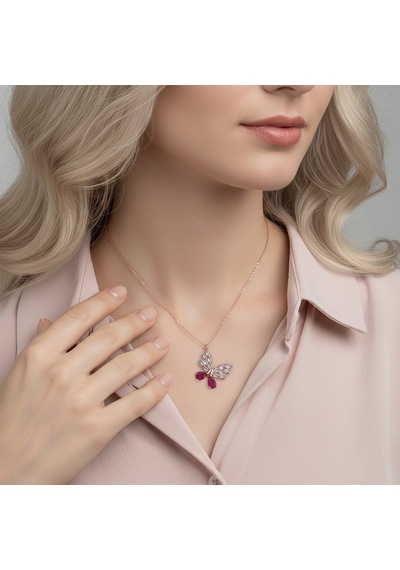 925 Ayar Gümüş Fuşya Damla Ve Baget Taşlı Kelebek Kolye Rose Gold