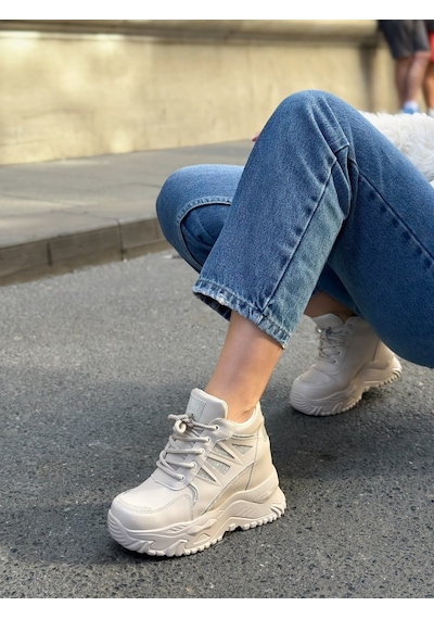 Erva'nın Butiği Bej Cilt Celly Gizli Topuk Dolgu Topuk 7 Cm Boy Uzatan Sneakers-6475